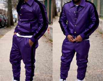 Chándal de cuero morado premium para hombre - Estilo jogging Ropa deportiva para hombre Chándal de cuero genuino - Sudadera de cuero