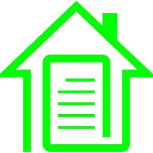 Pu&ograve; includere: Un logo verde brillante raffigurante una casa con un documento all'interno. Il documento presenta linee orizzontali, che suggeriscono testo. La forma della casa ha un tetto e un'apertura a forma di porta, il tutto in verde vibrante su sfondo bianco.