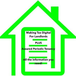 Può includere: Un contorno verde di una casa racchiude un rettangolo bianco con testo. Il testo recita "Making Tax Digital For Landlords," "PLUS," "Assured Periodic Tenancy," e "All the information you need!"