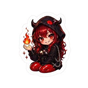 Chibi Devil Girl Sticker: Fiery Anime Art, Gothic Charm, Red Hair, Horns