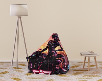 Funda rosa para puf con diseño de motociclista cíborg, decoración estilo cyberpunk con puesta de sol y motocicleta.