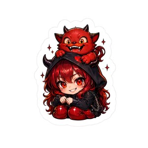 Chibi Devil Girl Sticker with Imp Pet – Anime Goth Kawaii Art