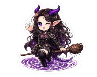 Winking Demon Sorceress Chibi Sticker, Witchy Magic Circle Decal
