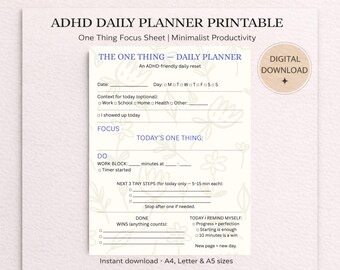 ADHD Daily Planner Printable Blue Floral One Thing Planner Minimalist Focus Planner Neurodivergent Daily Reset