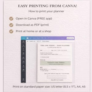May include: A digital planner template displayed on a screen, with instructions for printing from Canva. The planner includes sections for daily tasks and focus areas. The text reads "EASY PRINTING FROM CANVA!" and "THE ONE THING - DAILY PLANNER". The image is designed for US letter (8.5 x 11") paper.
