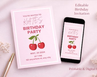 Sweet Cherry Birthday Invitation Template Cherry Theme Birthday Party Invite Editable Canva Invitation Printable Digital Download