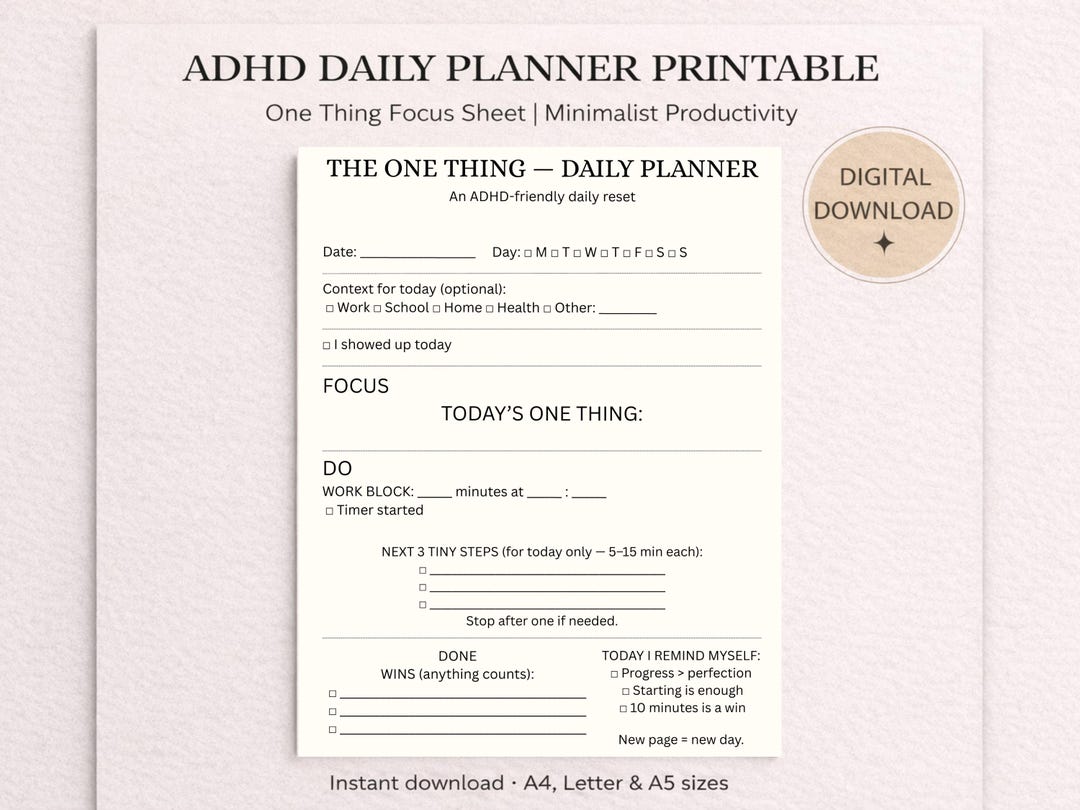 ADHD Daily Planner Printable One Thing Focus Planner Minimalist ...