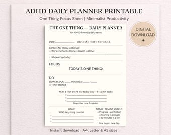 ADHD Daglig planerare Utskrivbar En Sak Fokusplanerare Minimalistisk Produktivitetsplanerare Neurodivergentvänlig Daglig Återställning