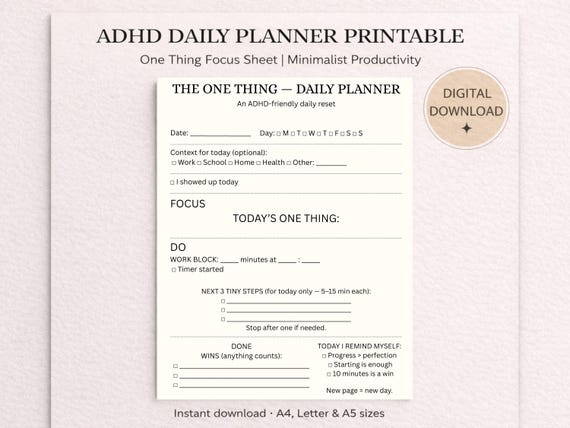 ADHD Daily Planner Printable One Thing Focus Planner Minimalist Productivity Planner Neurodivergent Friendly Daily Reset