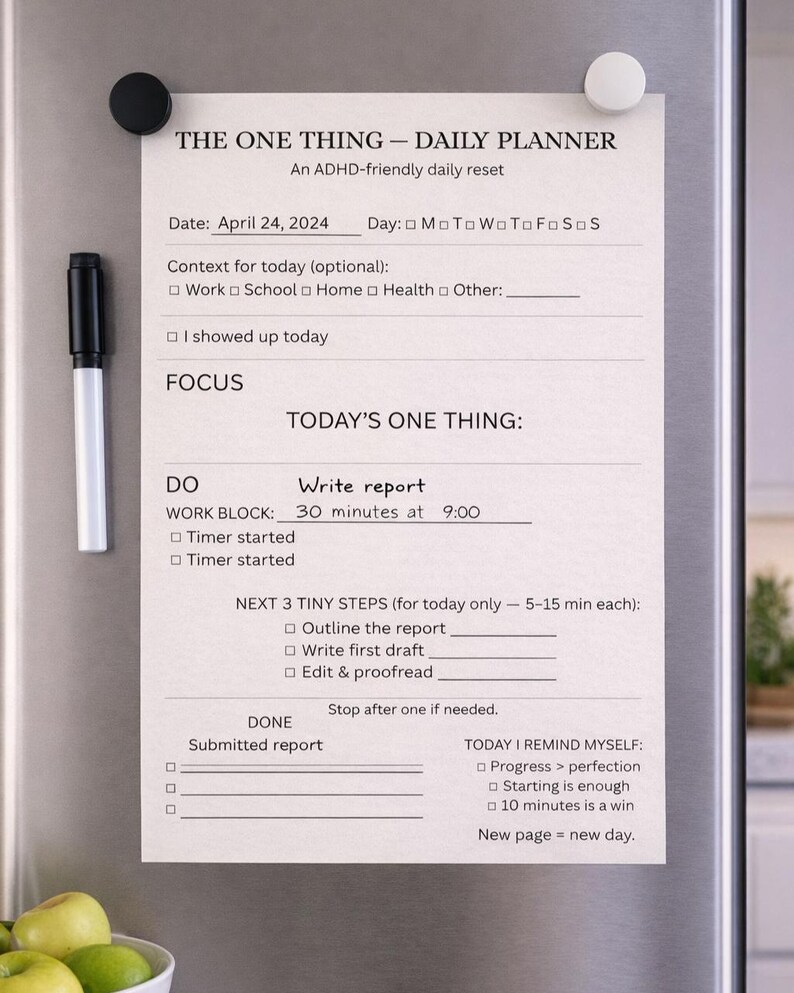 ADHD Daily Planner Printable One Thing Focus Planner Minimalist Productivity Planner Neurodivergent Friendly Daily Reset image 2