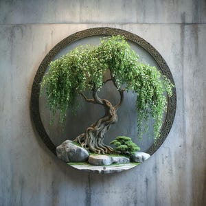 Puede incluir: Una pieza decorativa de arte mural que presenta un árbol bonsái dentro de un marco circular y ornamentado. El árbol tiene un tronco marrón texturizado y hojas verdes en cascada. Rocas grises y un bonsái más pequeño se encuentran en la base, contra una pared gris texturizada.