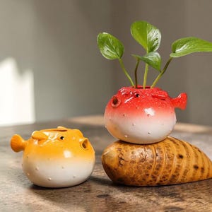 Suckulentplanter i keramik med kulfisk, söt kruka av jordglobfisk, bonsai-kaktusväxthållare, skrivbordsdekoration för luftväxter, unik present