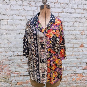 Vintage Norton McNaughton Mixed Print Rayon Blouse | Patchwork Floral Tribal Animal 90s Top