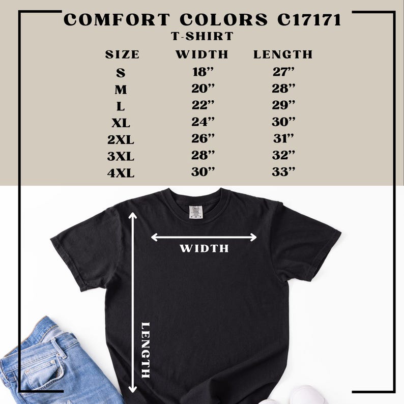 May include: Black Comfort Colors T-shirt with size chart. The chart displays measurements for width and length in inches for sizes S to 4XL. The text "COMFORT COLORS C17171 T-SHIRT" is at the top.