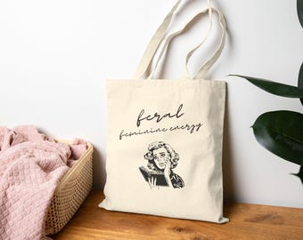 Bolsa de mano con energía femenina salvaje, ilustración de escritura vintage, regalo feminista para amantes de los libros, bolsa de mano de inspiración vintage, bolsa de mano para ella, booktok