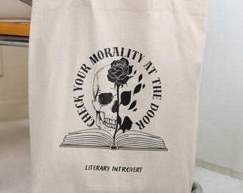 Bolsa de tela "Deja tu moralidad en la puerta", bolsa de lona con cita literaria, regalo de romance oscuro para amantes de los libros, moralmente gris, romance oscuro y picante.