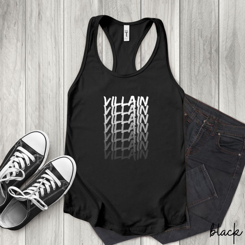 May include: Black racerback vest with the word "VILLAIN" stacked vertically in a white, distressed font. The vest is paired with black jeans and black canvas trainers with white laces and soles. The word "black" is written on the jeans.