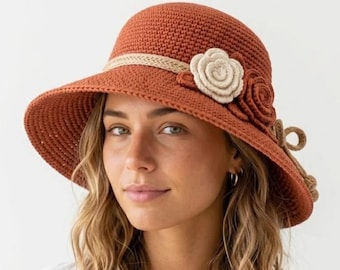 Crochet Bucket Hat Pattern with Flower Band | Sun Hat PDF Pattern | Adult & Child Sizes | Raffia Cotton Summer Hat