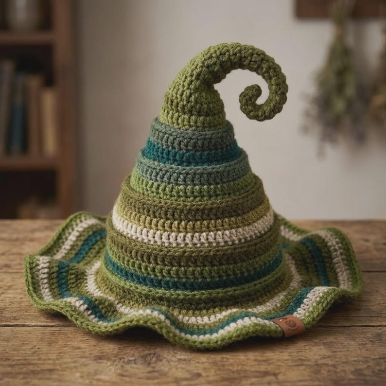 May include: A crocheted hat featuring a tall, pointed, curled top and a wide, wavy brim. The hat is constructed with horizontal stripes in various shades of green, teal, and cream, and includes a small, rectangular brown leather-like tag.