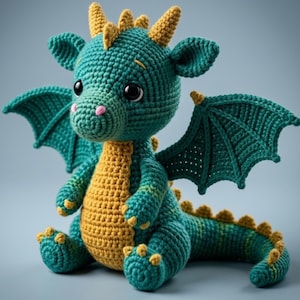 May include: A teal and yellow crocheted dragon plush toy featuring large black eyes, a textured yarn body, two outstretched wings, and small spikes running along its head and back. The creature has a light yellow belly and small claws.