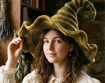 Crochet Witch Hat Pattern — Whimsical Forest Witch Hat with Ruffled Brim & Spiral Tip | Halloween Costume Hat PDF Download