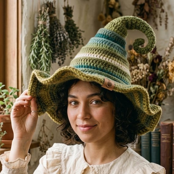 Halloween Crochet Witch Hat Pattern — Whimsical Forest Witch Hat with Ruffled Brim & Spiral Tip | Halloween Costume Hat PDF Download