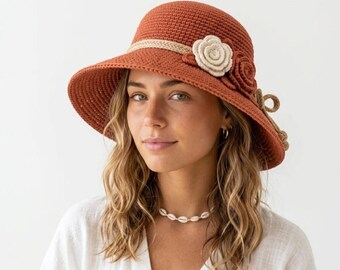 Crochet Bucket Hat Pattern with Flower Band | Sun Hat PDF Pattern | Adult & Child Sizes | Raffia Cotton Summer Hat