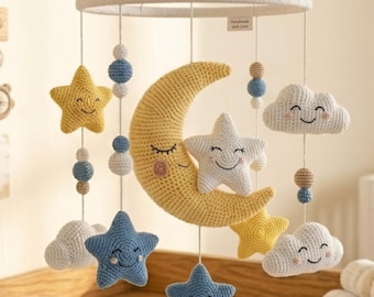 Crochet Baby Mobile Pattern PDF — Moon Stars & Clouds Nursery Mobile, Amigurumi Crochet Pattern, Baby Shower Gift, Boho Nursery Decor