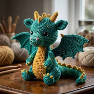 May include: A handmade crochet dragon in teal and gold. The dragon has large black eyes, a pink nose, and small yellow horns. Its wings and tail are detailed, and it sits on a wooden surface. The dragon is surrounded by yarn and crochet hooks.