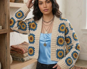 Crochet Granny Square Cardigan Pattern, Sunburst Motif, Boho Retro Jacket (PDF Download)