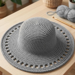 May include: A gray crocheted sun hat with a wide brim and a decorative pattern of rectangular cutouts. The hat is made of a soft, textured yarn and is sitting on a wooden surface. A ball of gray yarn and a crochet hook are in the background.