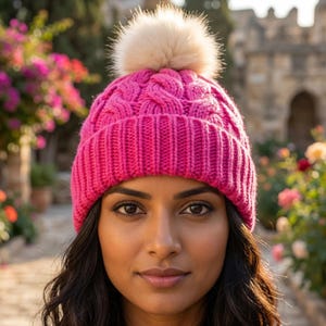 May include: A vibrant pink cable-knit beanie hat with a cream faux fur pom-pom. The hat has a ribbed brim and a woven pattern on the crown. A winter accessory.