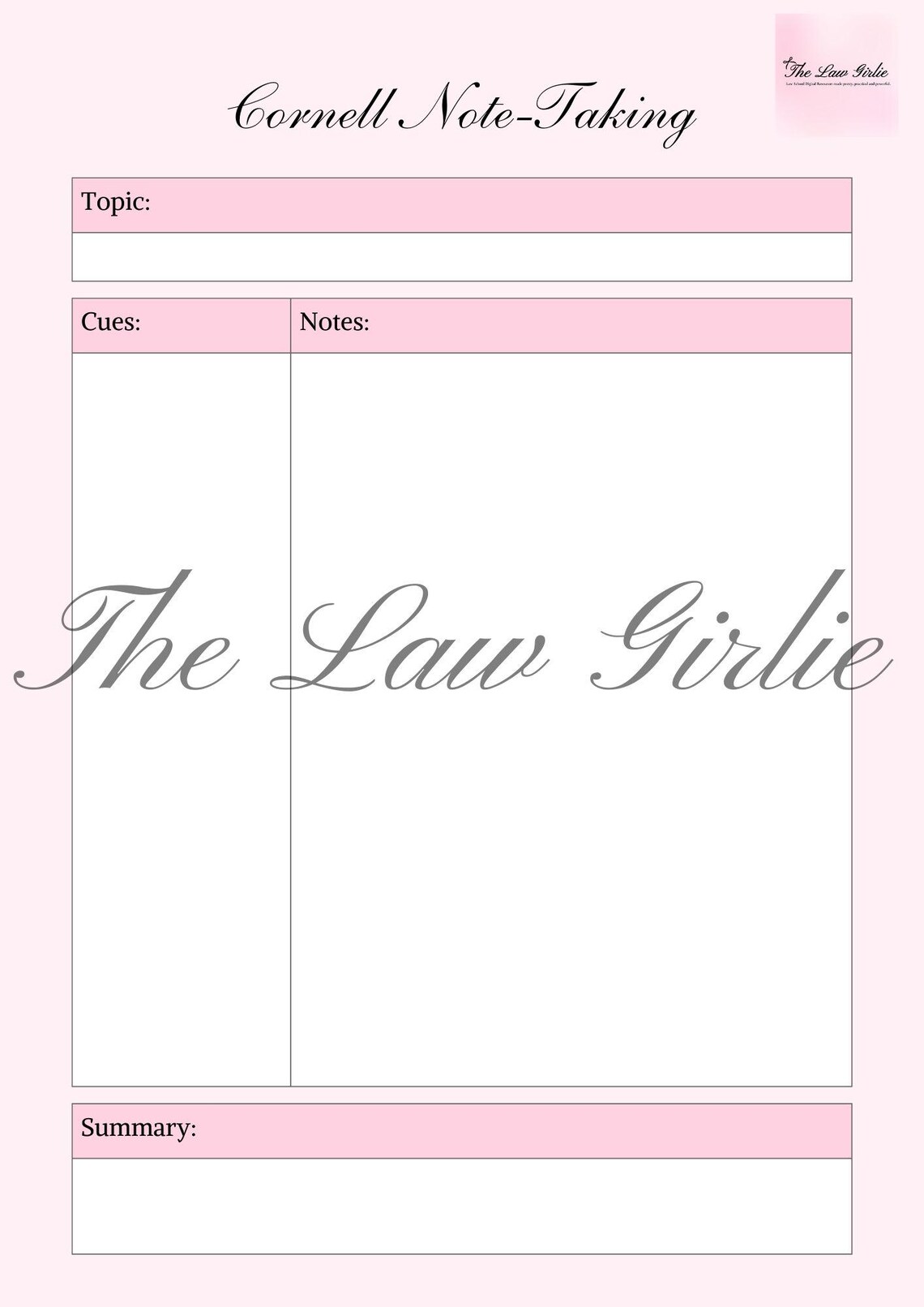 Cornell Note-taking Template - Digital Download - the Law Girlie - Etsy