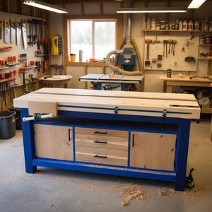 May include: A blue and natural wood workbench with drawers and cabinets. The workbench has a light wood top and a blue base. Tools hang on the wall in the background.