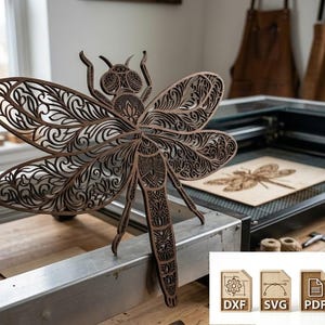 May include: A detailed wooden dragonfly sculpture with intricate cut-out patterns on its wings and body. The brown insect art piece is displayed on a wooden surface, with a laser engraving machine in the background. The image also shows file type icons.