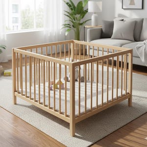 May include: A square, light-coloured wooden baby playpen with vertical slats. The playpen sits on a light-coloured rug in a well-lit room. A few toys and a stuffed animal are inside the playpen.