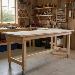 Puede incluir: Un banco de trabajo grande de madera clara con una parte superior rectangular y patas robustas. El banco de trabajo está sobre ruedas y se encuentra en un taller con herramientas y equipos visibles en las paredes y estanterías.