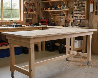 May include: A large, light-colored wooden workbench with a rectangular top and sturdy legs. The workbench is on wheels and is in a workshop setting with tools and equipment visible on the walls and shelves.