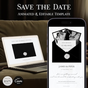 May include: A digital wedding invitation template displayed on a laptop and smartphone. The invitation features a black envelope design with a wax seal and the text "SAVE THE DATE." The smartphone shows photos and details for James & Piper, 17 September 2027.
