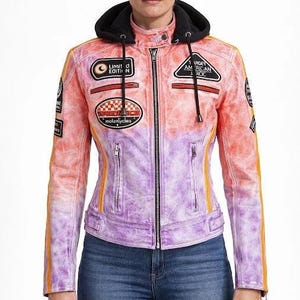Women's Red Purple Patchwork Leather Biker Jacket with Hood – Retro Motorcycle Style Vintage Jacket
