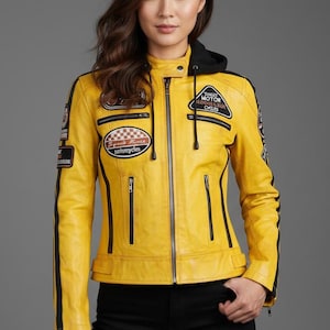 Handmade Women's Yellow Leather Jacket |  Hooded Moto Biker Racing Jacket With Retro Patches | Vintage Lambskin Jacket With Detachable Hood