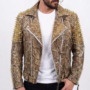 Men’s Snakeskin Studded Leather Brando Motorcycle Jacket | Handmade Gold Spike Punk Rock Python Biker Outerwear Coat