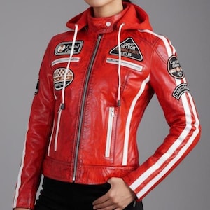 Womens Red Real Leather Biker Hoodie Jacket - Vintage Moto Racer Patches Jacket - Slim Fit Zip UP Outerwear – Vintage Moto Patches Style