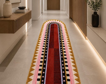 Hand Tufted Wool Runner Rug, Modern Oval Geometric Hallway Rug,Abstract Pink Red Black Carpet,Custom Entryway Runner,Contemporary Home Decor