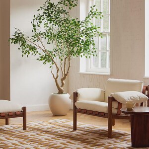 May include: An interior scene featuring a large potted tree with green leaves, a cream-colored armchair with brown leather straps, and a patterned rug in shades of beige, pink, and brown. A small side table and a window are also visible.