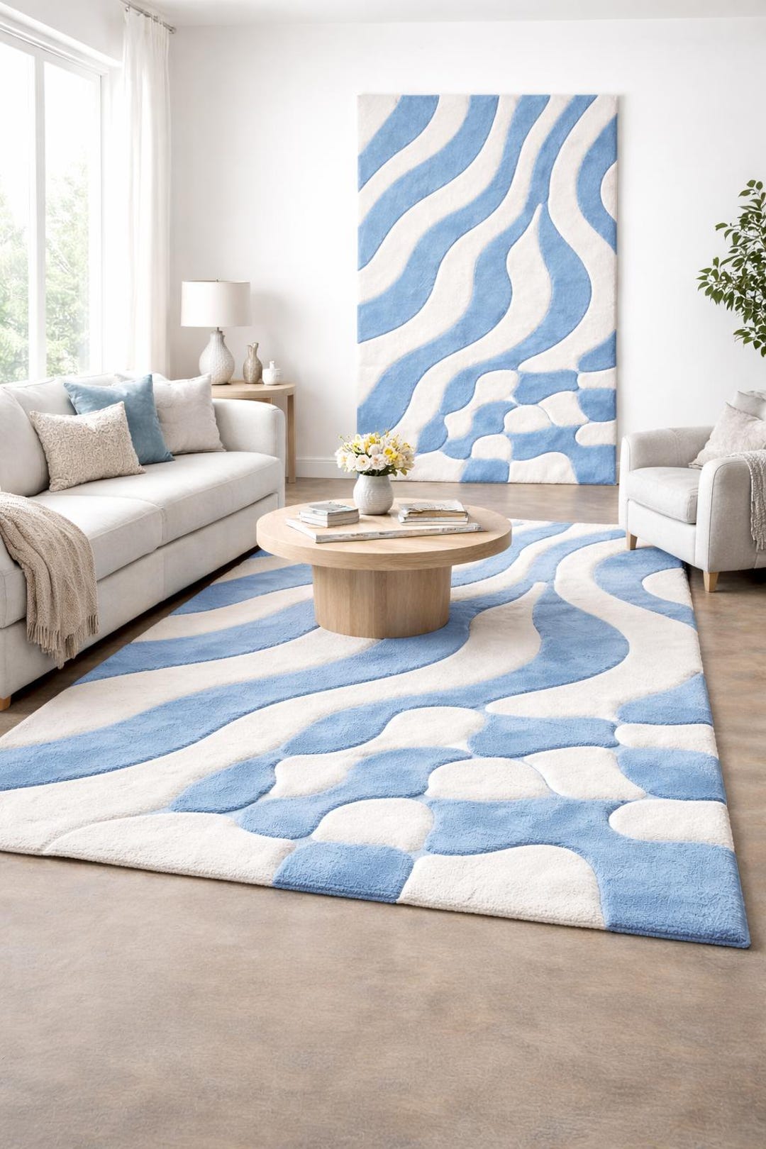 Hand Tufted Wool Rug Blue White Abstract Area Rug, Modern Wavy Pattern ...