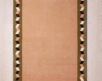 Hand Tufted Wool Area Rug, Modern Geometric Border Rug, Peach and Olive Green Carpet, Contemporary Minimalist Living Room Bedroom Rug