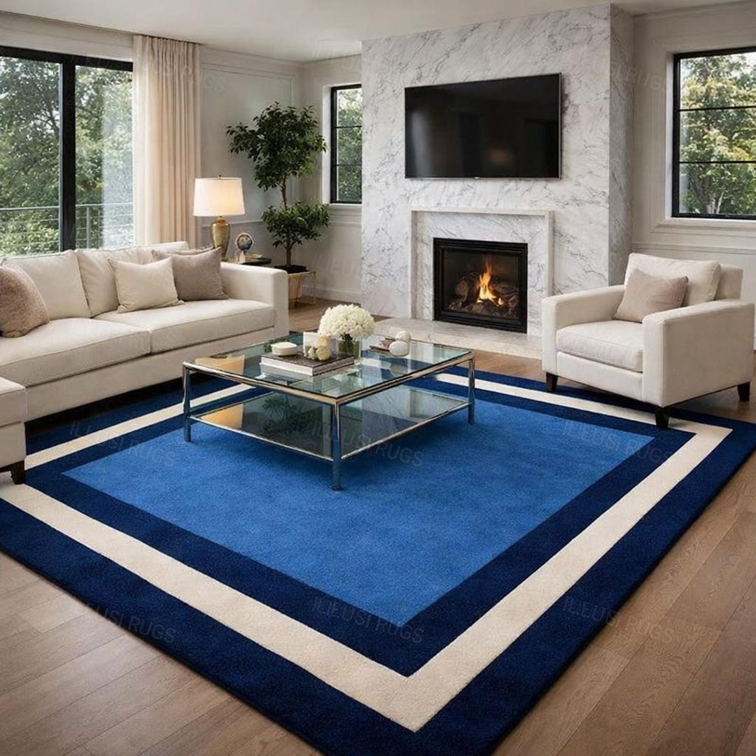 Blue Bordered Rug Hand Tufted Wool Blue Border Rug, Modern Blue Area Rug, Minimalist Wool ...
