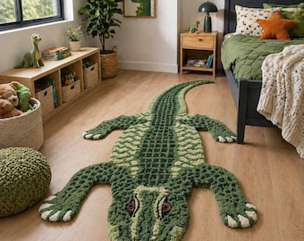 Hand Tufted Wool Crocodile Rug, Animal Shape Kids Room Rug, Alligator Area Rug, Handmade Nursery Carpet, Jungle Decor Floor 8x10 Rug