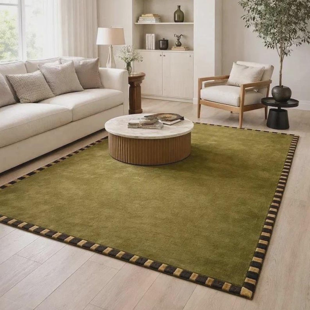 Hand Tufted Wool Rug, Olive Green Area Rug, Modern Border Carpet ...